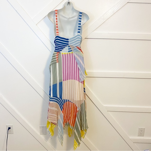 Tanya Taylor Goldie Striped Colorblock Patchwork V-Neck Handkerchief Midi Dress - Picture 10 of 14